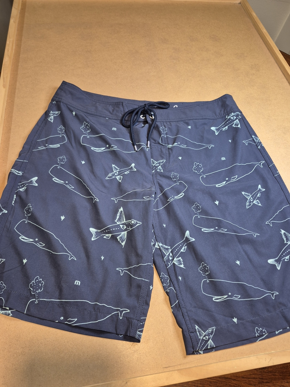 Travis Mathew Navy Swim Shorts with Light Blue Whale & Fish Print 4552